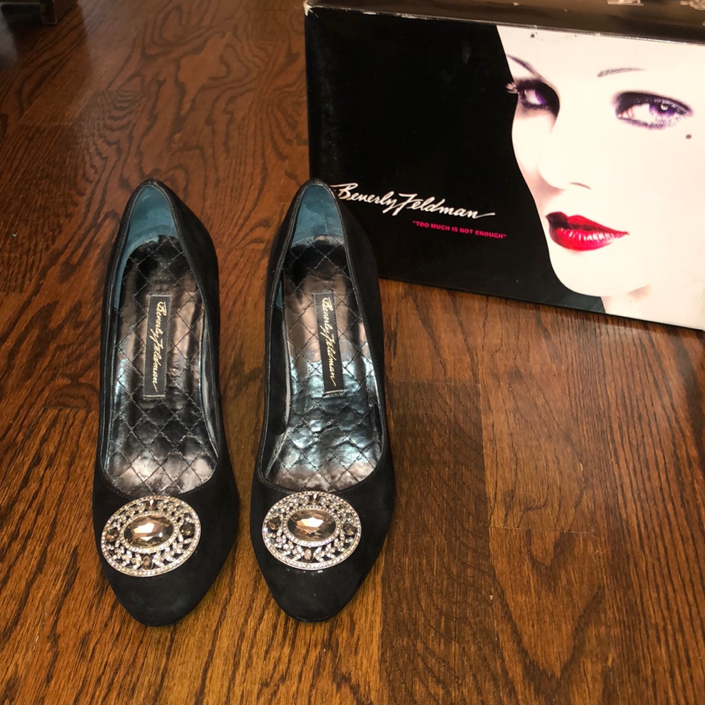 Beverly Feldman Rhinestone Black Suede Heels